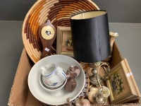 Box of Bric-a-Brac inc. Onyx Vases, Lamp, Mini Oil Paintings, Jug & Bowls Etc