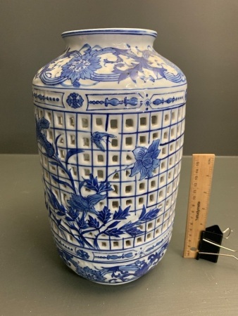 Large Vintage Blue and White Perforated Vase / Stick Stand