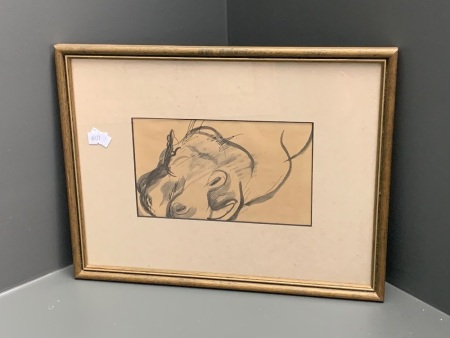 Francis Lymburner Framed Original Pen & Ink Wash Hippo