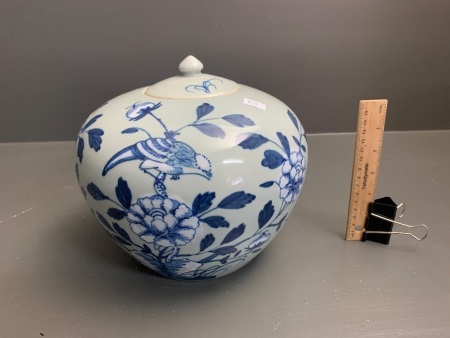 Large Glazed Blue & White Stoneware Jar with Birds & Flowers