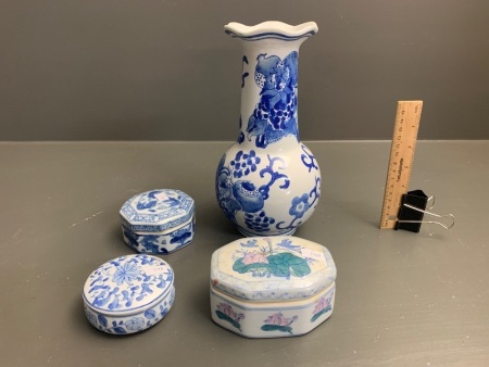 4 Pieces of Chinese Blue & White China inc. Vase & 3 Boxes