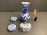 4 Pieces of Chinese Blue & White China inc. Vase & 3 Boxes - 2