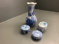 4 Pieces of Chinese Blue & White China inc. Vase & 3 Boxes - 3