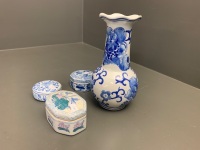 4 Pieces of Chinese Blue & White China inc. Vase & 3 Boxes - 5