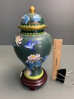 Green Cloisonne Ginger Jar on Timber Stand - 4