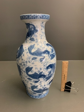 Tall Blue & White Vase with Koi Carp Design