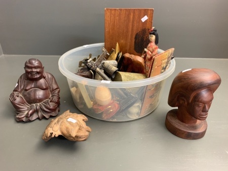 Interesting Box Lot of Bric-a-Brac inc. Onyx, Carved Animals, Metalware etc