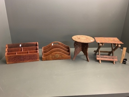 Carved Sandalwood Letter Rack & Small Table + Rosewood Letter Rack & Folding Cane Stool