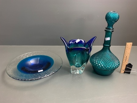 Italian Glass Genie Style Bottle + Murano Style Vase & Heavy Blue Glass Bowl