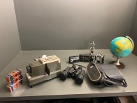 Asstd Box Lot of 3 x Cameras, Binoculars, Microscgope, Globe + Boxed Bell & Howell Slide Projector Etc