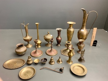 Asstd Lot of Vintage Incised Brass Vessels, Bells, Dishes Etc