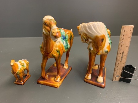 3 x Glazed Ceramic Chinese Horses