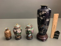 Pair of Small Cloisonne Ginger Jars on Stands + Small Vase. Larger Antique Black Vase Has Major Damage