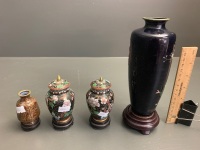 Pair of Small Cloisonne Ginger Jars on Stands + Small Vase. Larger Antique Black Vase Has Major Damage - 3