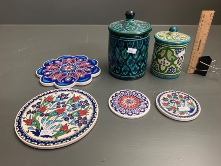 2 Hand Painted and Glazed Morroccan Lidded Pots + TurkishÂ  Coasters & Stands