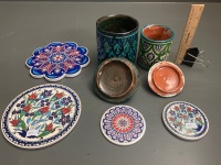 2 Hand Painted and Glazed Morroccan Lidded Pots + TurkishÂ  Coasters & Stands - 2