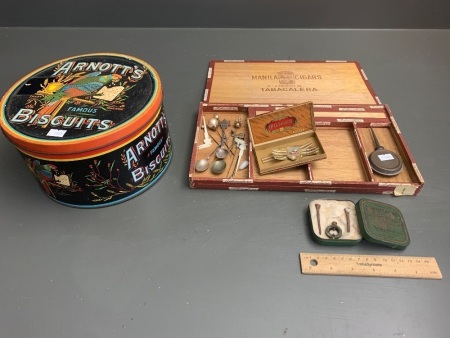 Assorted Lot of Tins, Cigar Boxes, Silver Spoons, Hat Pins Etc