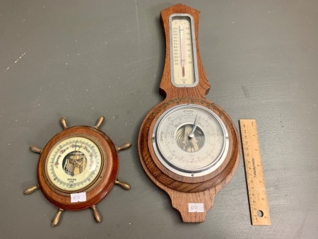 Vintage Oak Cased Banjo Barometer with Thermometer + W.German Ships Weel Barometer