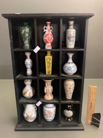 Dispaly Case with 12 Miniature Oriental Ceramic Vases