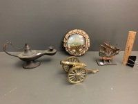 Asstd Lot inc. Bronze Burmese Oil Lamp, Brass Cannon & Small Nautical Diarama