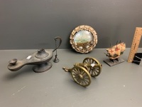 Asstd Lot inc. Bronze Burmese Oil Lamp, Brass Cannon & Small Nautical Diarama - 2