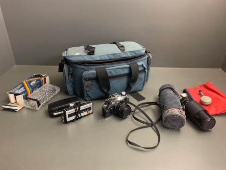 Canon AE-1 Film Camera, Canon 70-210mm Lens, Filters, Minolta Flashgun & Small Camera in Bag