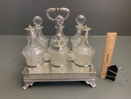 6 Piece Vintage Cut Glass Cruet Set with Silver Plated Mounts and Tray
