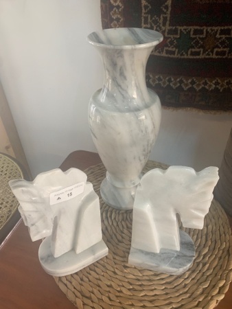 Set of Marble Horse Bookends + Marble Vase