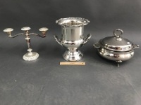 Silver Plated Ice Backet, Candleabra & Serving Dish