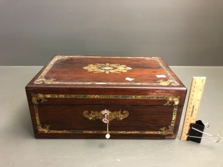 Antique Rosewood Writing Box with Shell Inlay, Original Lock and Key, Ink Bottles, Leathered Slope and Secret Drawers