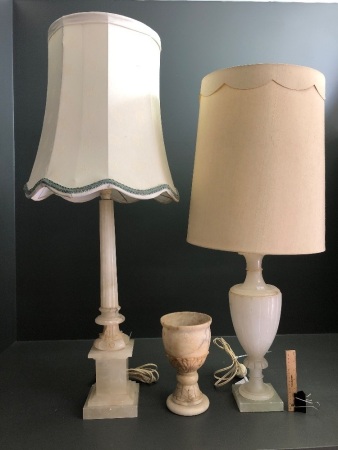 2 Large Heavy Vintage Alabaster Table Lamps with Shades + Vintage Carved Alabaster Chalice