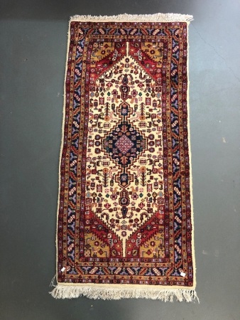 Finely Hand Knotted Persian Wool Rug in Ruby, Cream and Blue