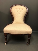 Victorian Upholstered Button Back Walnut Bedroom Chair on original Brass Mounted Casters