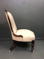 Victorian Upholstered Button Back Walnut Bedroom Chair on original Brass Mounted Casters - 4