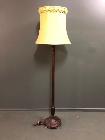 Vintage Timber Standard Lamp on Cast Iron Footed Base with Original Bakelite Diffuser and Silk Shade