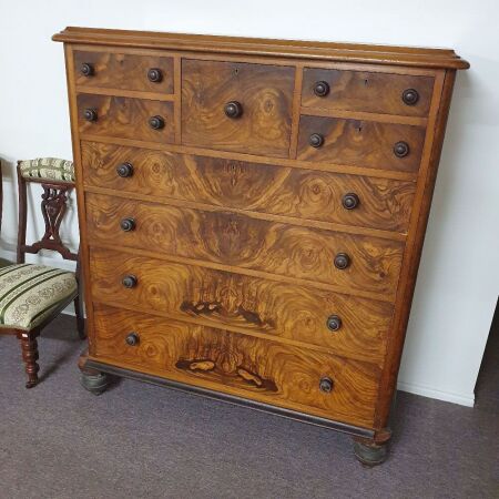 Large Antique Burr Walnut Tallboy with 9 Drawers, Original Handles and Locks - No Keys