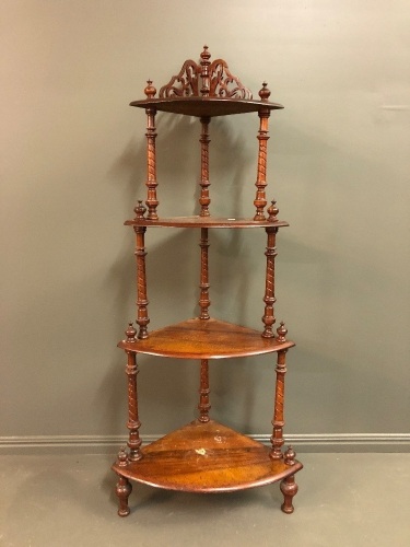 Victorian Burr Walnut 4 Tier Corner Whatnot with Carved & Turned Supports