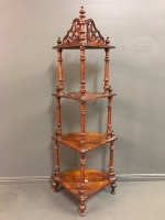 Victorian Burr Walnut 4 Tier Corner Whatnot with Carved & Turned Supports - 4