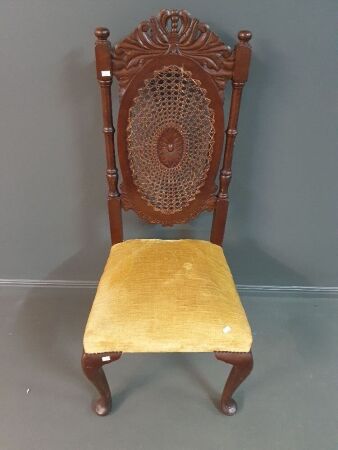 Vintage High Backed Upholstered Timber Chair with Split Cane and Timber Motif Back