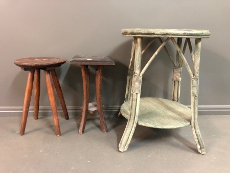 3 Asstd Vintage Timber and Cane Stools / Plant Stands / Tables