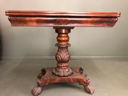 Victorian Red Cedar Fold Over Swivel Topped Card Table on Heavy Acanthus Carved Pedestal with 4 Splayed Claw Feet on Casters