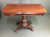 Victorian Red Cedar Fold Over Swivel Topped Card Table on Heavy Acanthus Carved Pedestal with 4 Splayed Claw Feet on Casters - 2