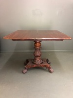 Victorian Red Cedar Fold Over Swivel Topped Card Table on Heavy Acanthus Carved Pedestal with 4 Splayed Claw Feet on Casters - 4