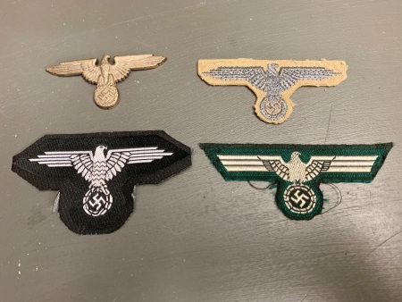 4 x German WW2 Waffen SSÂ Badges - Cap Eagle, Sleeve Eagle Tropical, Sleeve Eagle Standard, WH Army Breast Eagle