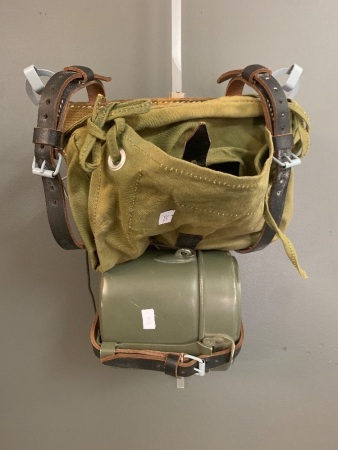 German WW2 Backpack, Webbing A-frame with Leather Straps, Mess & Iron Ration Tin