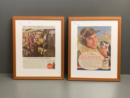 Pair of Vintage Framed Adverts for Coca Cola and Chesterfields with USAF