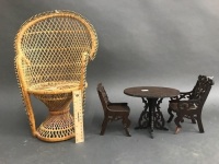 Mini Peacock Chair & 3 Pieces of Miniature Furniture