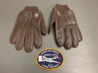 Pair of USAAF A-10 Pattern, Size 111/2 Brown Leather With Wool Cuff Gloves + B-17 Embroidered Badge
