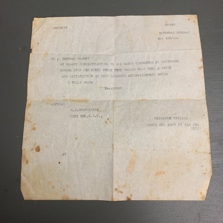 Australian Army WW2 Telegram to General Blamey Congratulating All Ranks at Capturing Kokoda from MacArthur - Marked SECRET NOVEMBER 2ND 1942