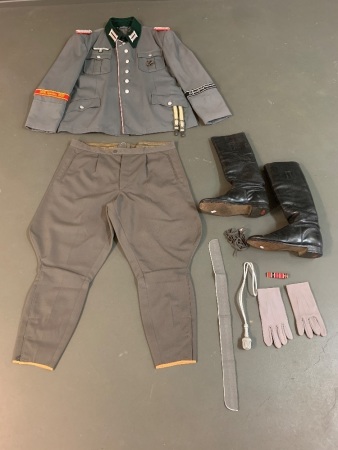 German WW2 Panzer Colonel's Uniform inc. Tunic with Iron Cross, Breast Eagle, Dagger Hanger and Collar Patches. Breeches (Stamped Inside) and Leather Boots
